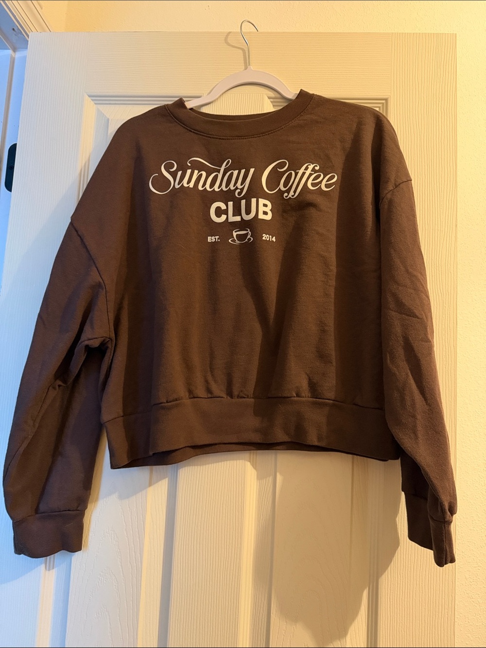 Sunday Coffee Club Cropped Fleece Sweatshirt Brown Graphic Pullover | XL